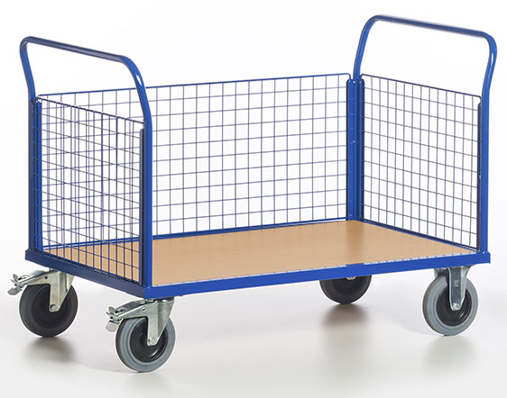 Chariot plateforme avec deux dossiers grillagés et une ridelle
