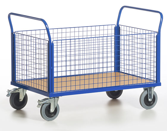 Chariot plateforme avec deux dossiers grillagés et deux ridelles